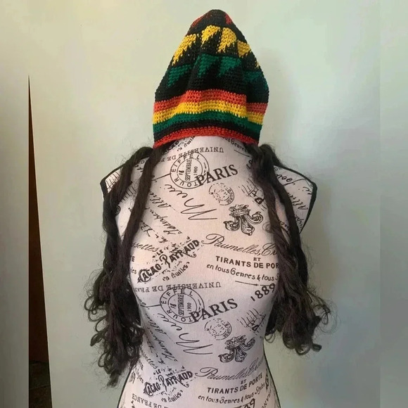 Rasta Costume Knit Hat Wig Striped Red with Long Dreadlocks Dreads - Picture 1 of 5